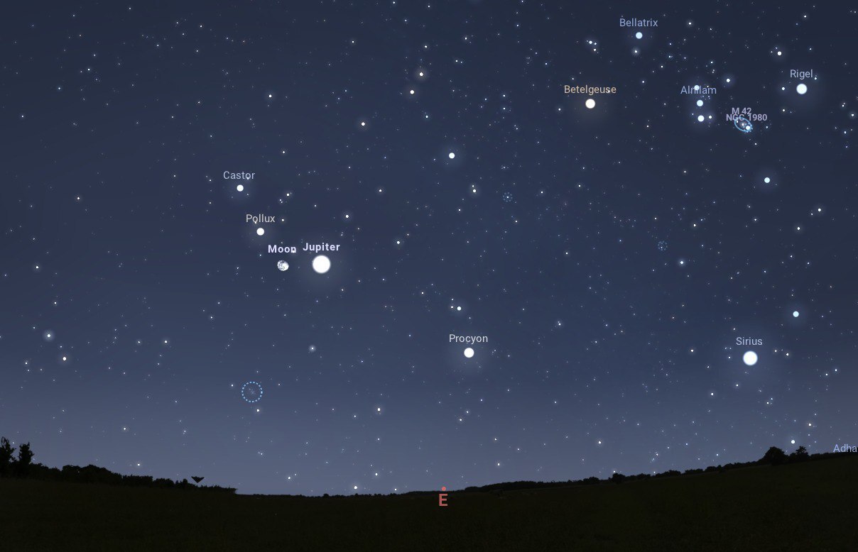 نمای شبیه‌سازی شده از مقارنه ماه و مشتری در یکشنبه شب، 16 آذر 1404